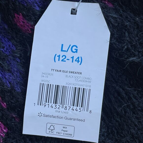 Time and Tru Sweater Womens Large Black Eyelash Fair Isle Side Slit Long Sleeve - Picture 7 of 11